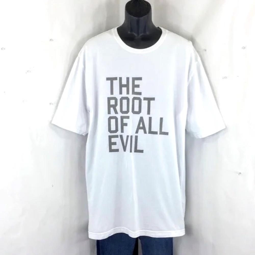 Greedy Genius Mens Crewneck Tee Y2K The Root Of All Evil White Size 3XL